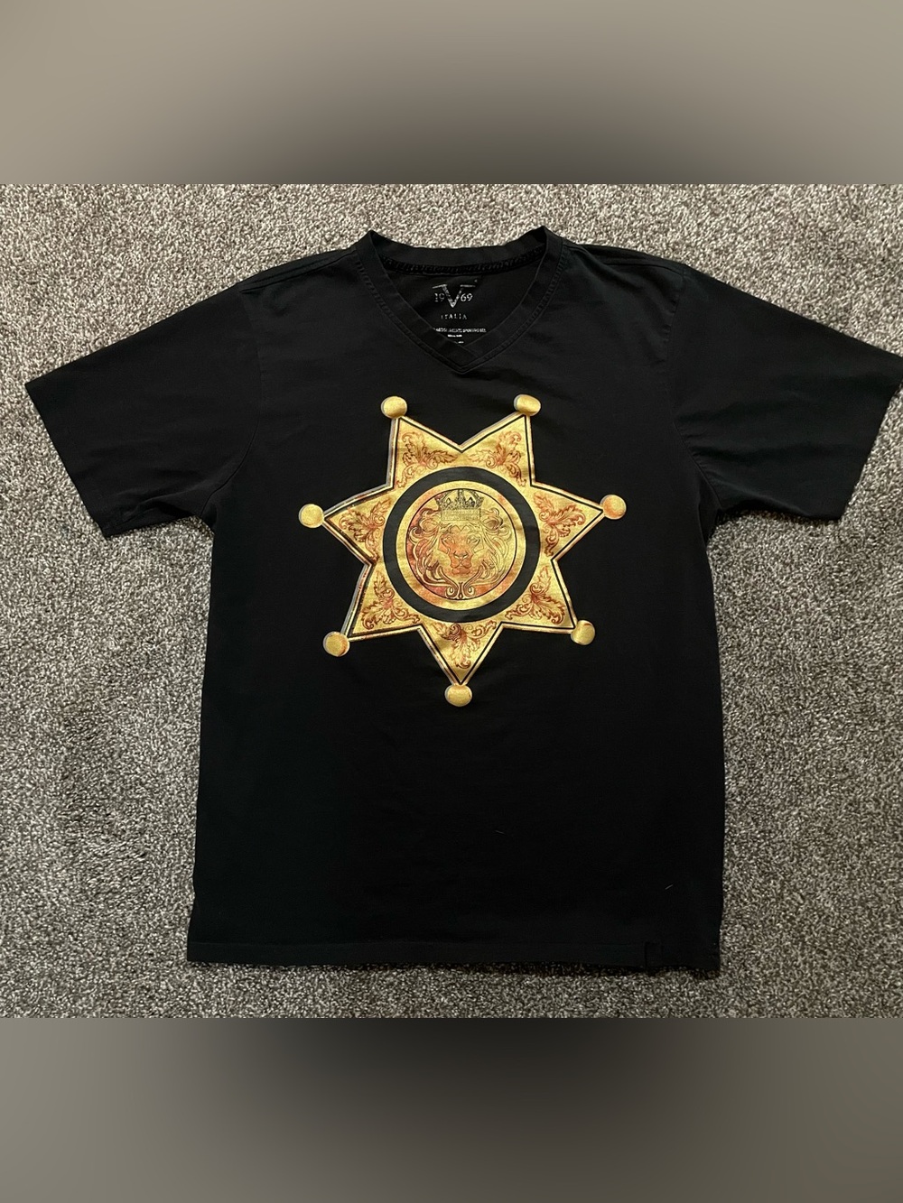 19V69 Italia Black V-Neck Tee with Gold Lion Medallion